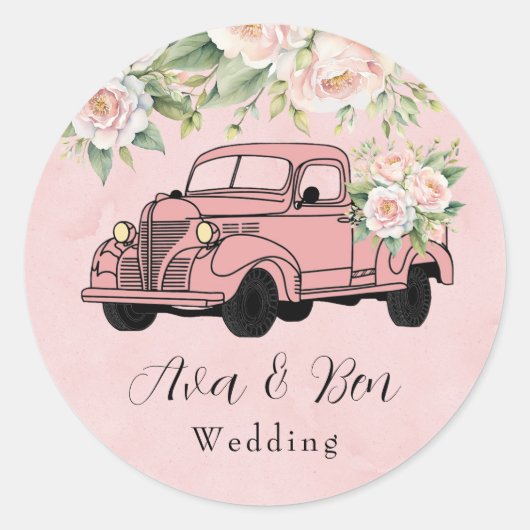 Blush Roze Pioen  Vrachtwagen Bruiloft Ronde Sticker (Voorkant)