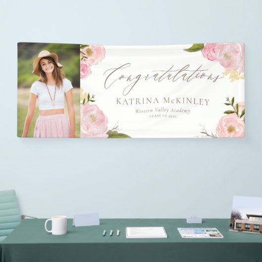 Blush roze pioenen en Rozen Foto Afstuderen Spandoek (Beurs)