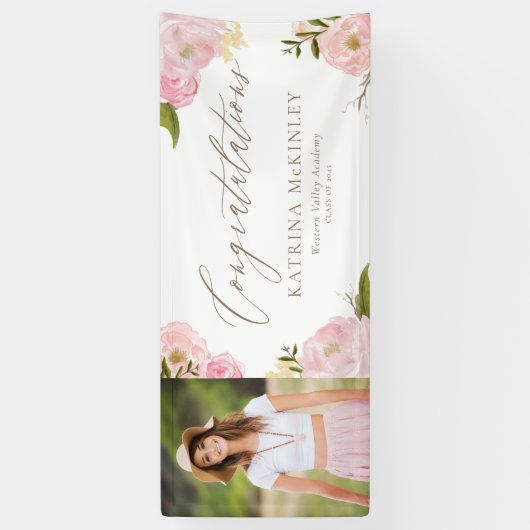 Blush roze pioenen en Rozen Foto Afstuderen Spandoek (Verticaal)