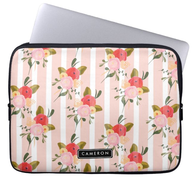 Blush roze pioenen en strepen gepersonaliseerd laptop sleeve (Voorkant)