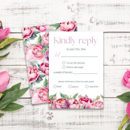 Blush Roze Pioenen Menu Keuze Bruiloft RSVP