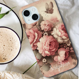 Blush Roze Pioenen met Vlinder Custom iPhone 15 Case