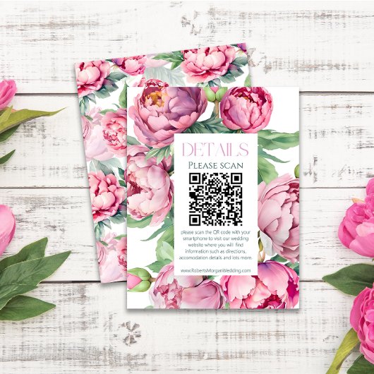 Blush Roze Pioenen QR CODE Bruiloft Details Informatiekaartje