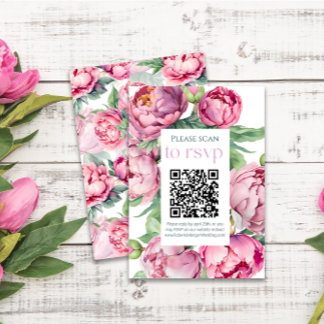 Blush Roze Pioenen QR CODE Bruiloft RSVP Kaartje