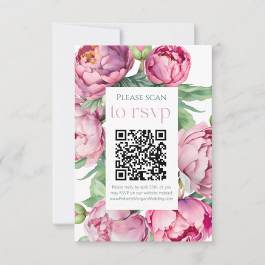 Blush Roze Pioenen QR CODE Bruiloft RSVP Kaartje (Voorkant)