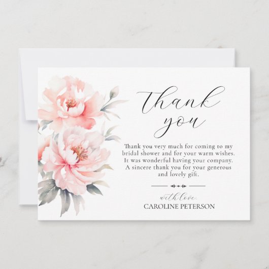 Blush roze pioenen Vrijgezellenfeest Gasten Bedankkaart (Voorkant)