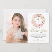 Blush roze pioenenkrans Eerste Heilige Communie Bedankkaart (Voorkant)