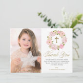 Blush roze pioenenkrans Eerste Heilige Communie Bedankkaart (Staand voorkant)