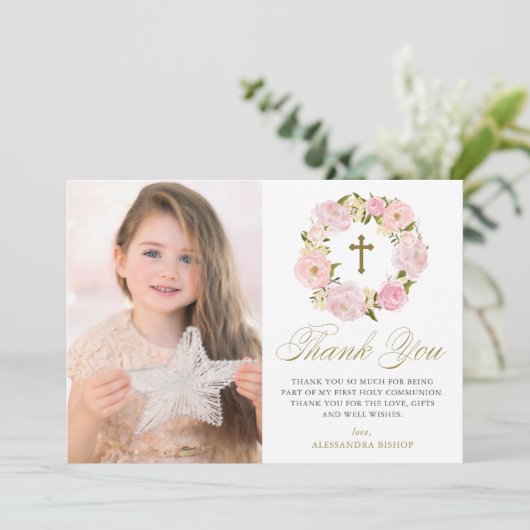 Blush roze pioenenkrans Eerste Heilige Communie Bedankkaart (Staand voorkant)