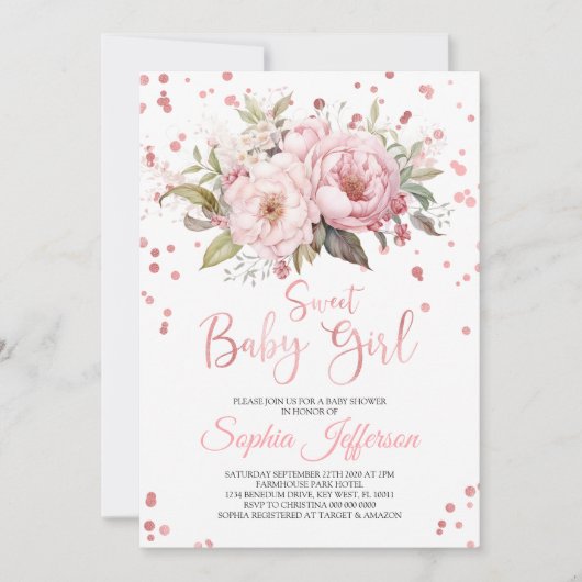 Blush roze pioenrozen bloemen lief baby meisje dou kaart (Voorkant)