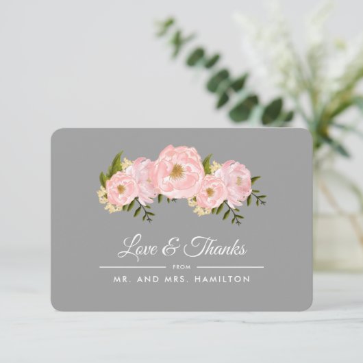 Blush roze pioenrozen grijs bruiloft dank u kaart (Staand voorkant)