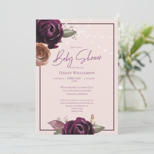 Blush roze, plum, Paarse String Lights Baby shower Kaart (Staand voorkant)