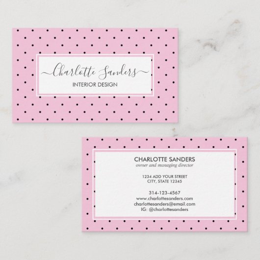 Blush roze polka dot trendy script visitekaartje (Voorkant / Achterkant)