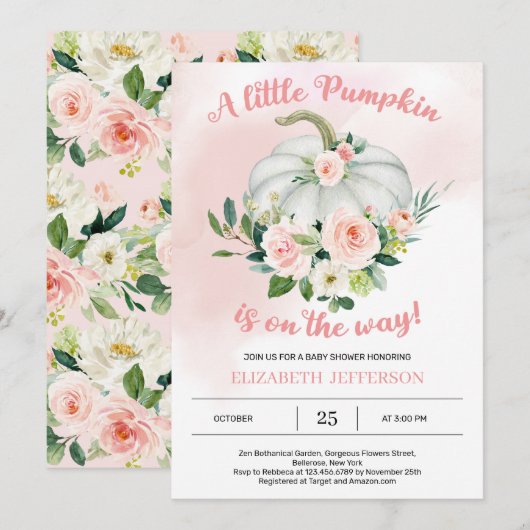 Blush roze pompoen baby shower kaart (Voorkant / Achterkant)