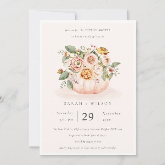 Blush roze pompoen Floral Couples Shower Invite Bedankkaart (Voorkant)