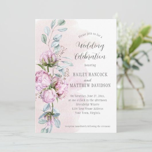 Blush roze pony's, roze was, groen huwelijk kaart (Staand voorkant)