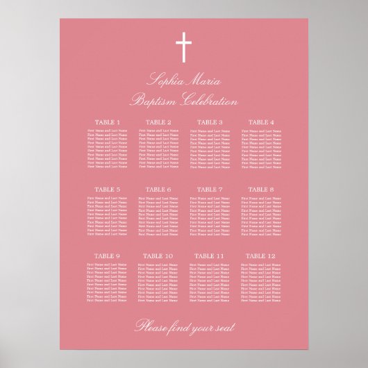 Blush Roze Poster 12 Tafel Baptisme Seating Chart (Voorkant)