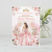 Blush Roze Prinses Jurk Bloemen Goud Mis Quince Kaart (Staand voorkant)