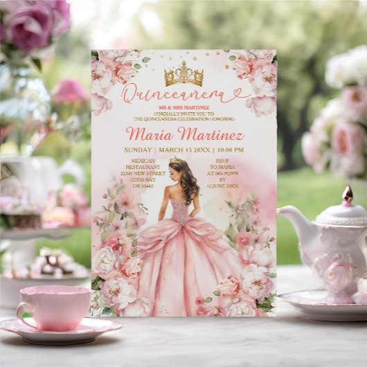 Blush Roze Prinses Jurk Bloemen Goud Mis Quince Kaart