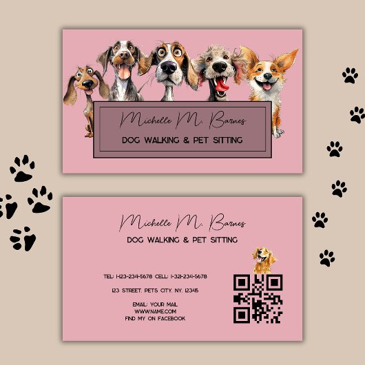 Blush Roze Puppy Hond Walker Sitter QR Code Modern Visitekaartje
