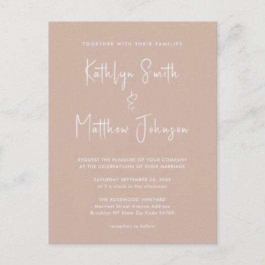 Blush roze QR-code in één moderne grafische bruilo Uitnodiging Briefkaart (Voorkant)