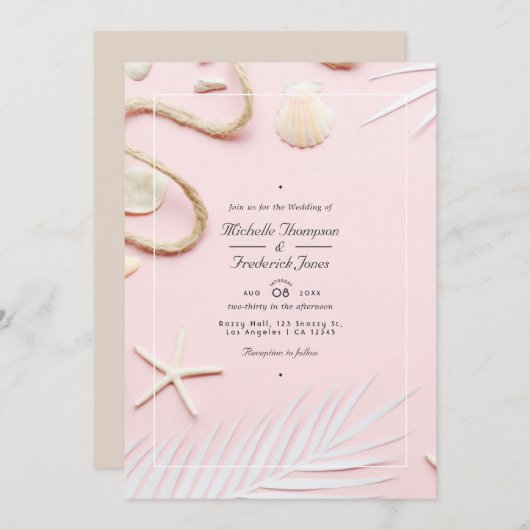 Blush roze QR Code RSVP Beach Weddenschap Kaart (Voorkant / Achterkant)