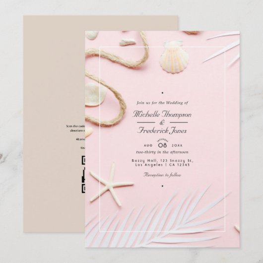 Blush Roze QR Code RSVP Strand Huwelijk Kaart (Voorkant / Achterkant)