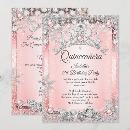 Blush Roze Quinceanera 15e Winter Koets Kaart (Voorkant / Achterkant)