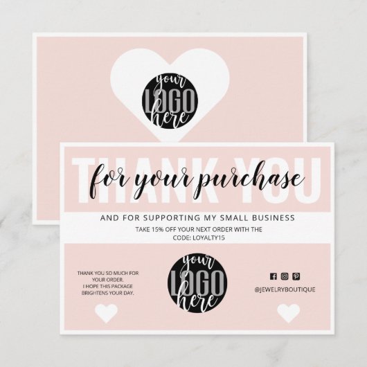 Blush roze rand Logo Klantbestelling van klant Dan Bedankkaart (Voorkant / Achterkant)