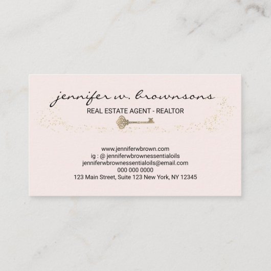 Blush roze Real Estate Retro Gold Key Visitekaartje (Achterkant)