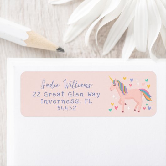 Blush Roze regenboog Unicorn Kinder adres Etiket (Insitu)