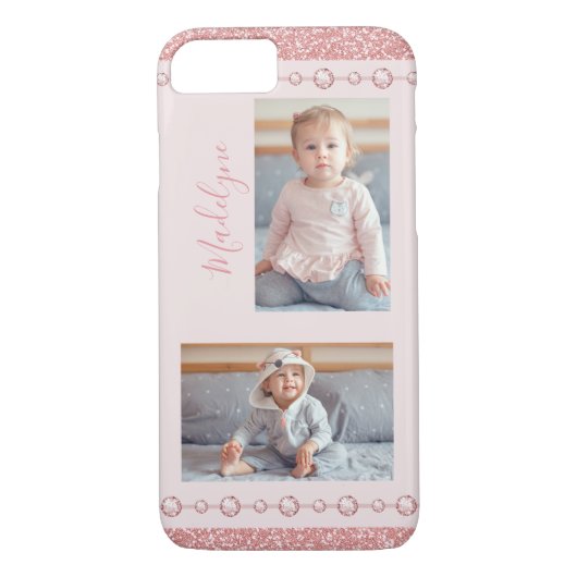 Blush Roze Rhinestone Glitter Name Foto Case-Mate iPhone Case (Achterkant)