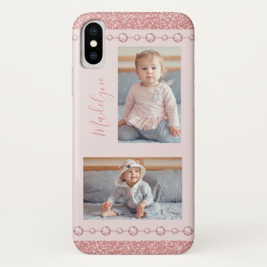 Blush Roze Rhinestone Glitter Name Foto Case-Mate iPhone Case (Achterkant)