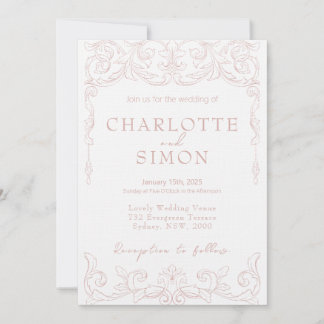 Blush Roze Rococo Thema Huwelijksuitnodiging Kaart