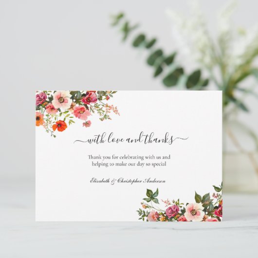 Blush Roze Rode Bloemen Botanische bruiloft Bedankkaart (Staand voorkant)