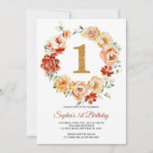 Blush Roze & Rode Bloemen Krans 1e Verjaardag Kaart (Voorkant)