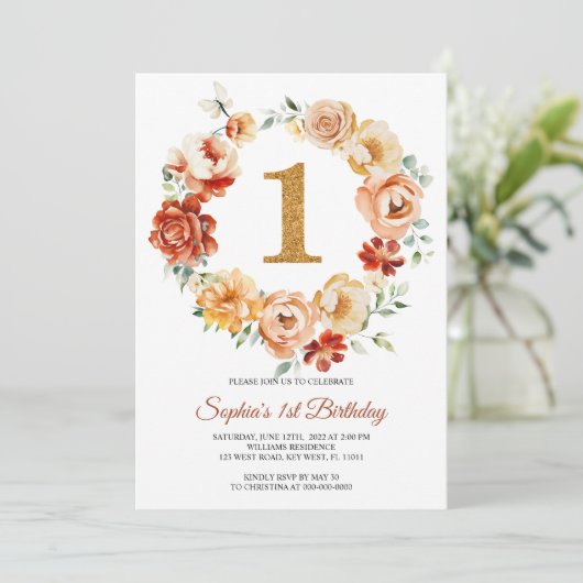 Blush Roze & Rode Bloemen Krans 1e Verjaardag Kaart (Staand voorkant)