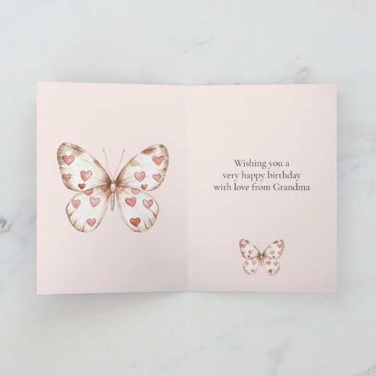 Blush roze rode harten vlinder verjaardag kaart (Binnen)