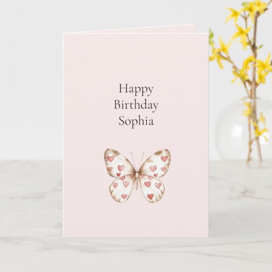 Blush roze rode harten vlinder verjaardag kaart (Gele Bloem)