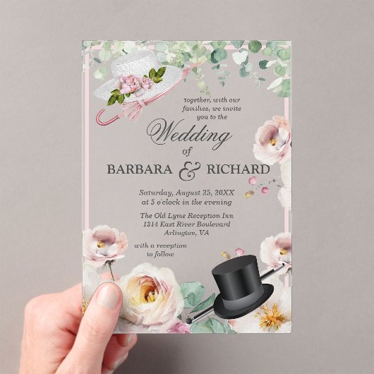 Blush Roze Romantische Bloemen Top Hat bruiloft Acryl Uitnodigingen (Insitu (Draagbaar))