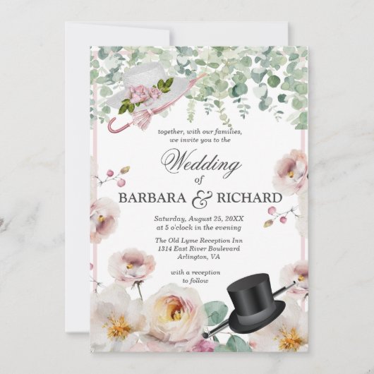 Blush Roze Romantische Bloemen Top Hat bruiloft Kaart (Voorkant)