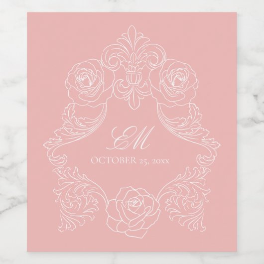 Blush roze Romantische Crest Monogram Wijn Etiket (Enkel label)