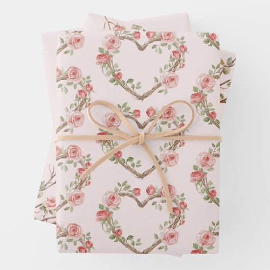 Blush Roze Romantische Rode Roos Bloemen Hart Huwe Inpakpapier Vel (In situ)
