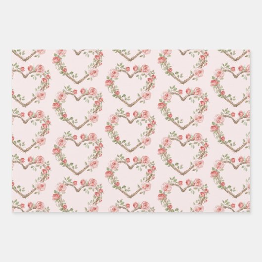 Blush Roze Romantische Rode Roos Bloemen Hart Huwe Inpakpapier Vel (Voorkant)