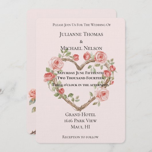 Blush Roze Romantische Rode Roos Bloemen Hart Huwe Kaart (Voorkant / Achterkant)