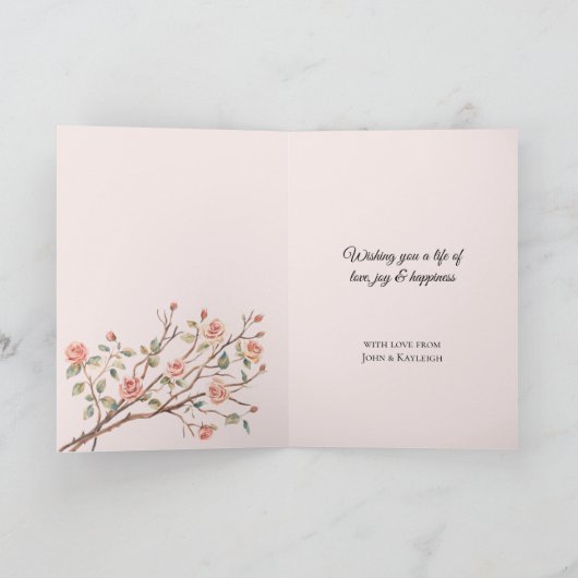 Blush Roze Romantische Rode Roos Bloemen Hart Huwe Kaart (Binnen)