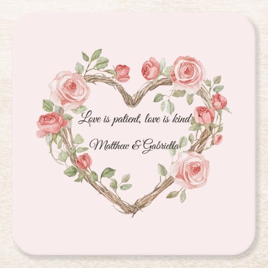 Blush Roze Romantische Rode Roos Bloemen Hart Huwe Kartonnen Onderzetters (Voorkant)