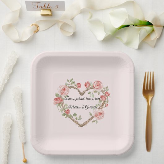 Blush Roze Romantische Rode Roos Bloemen Hart Huwe Papieren Bordje (Huwelijk)