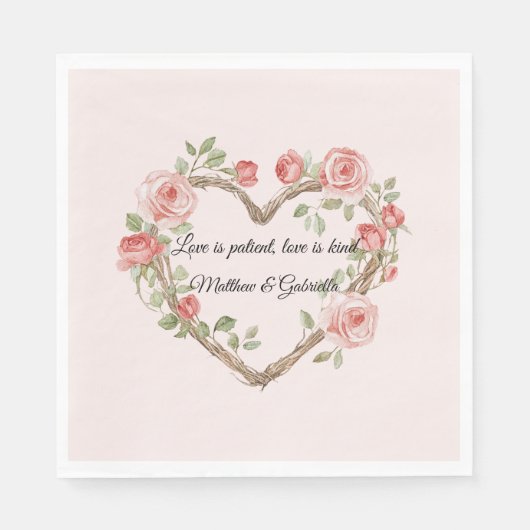 Blush Roze Romantische Rode Roos Bloemen Hart Huwe Servet (Voorkant)