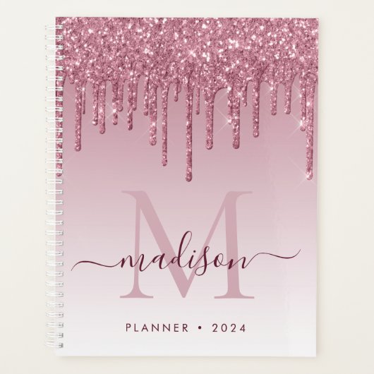 Blush roze rood Glitter Drift Girly Monogram Planner (Voorkant)